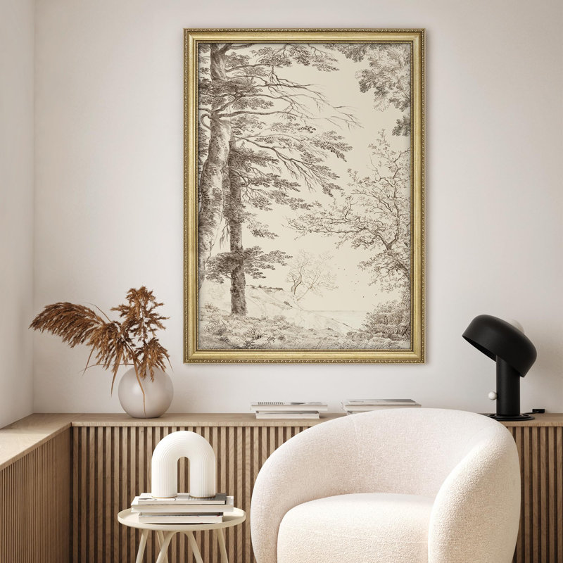 Antique, croquis d'arbre détaillé, dessin de forêt encadré or, décoration murale encadrée, Non
