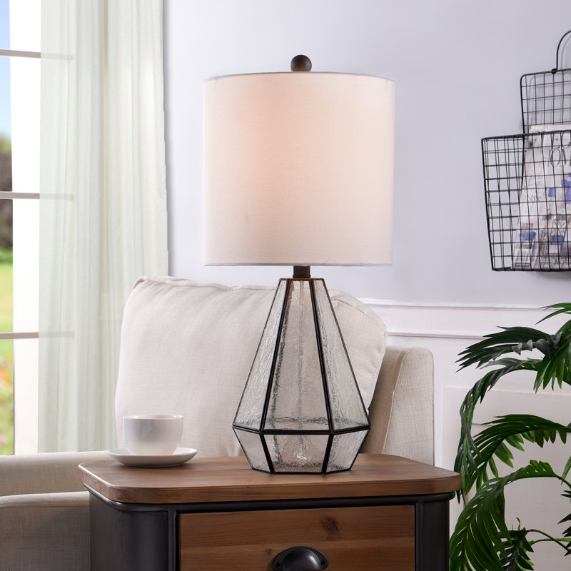 Aged Bronze Geometric Nightstand Lamp with White Barrel Shade