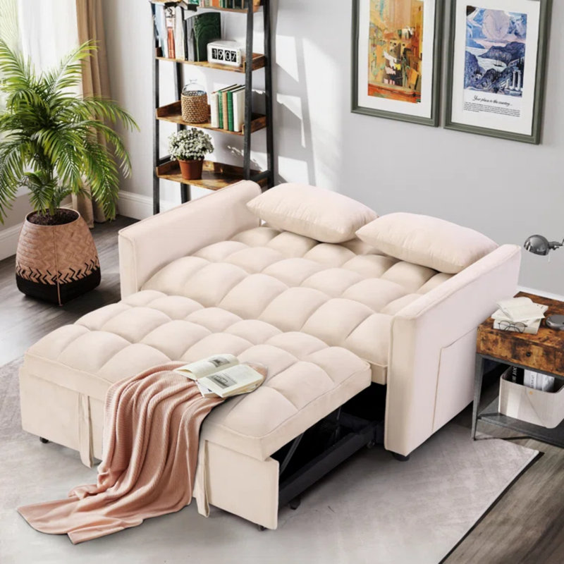 55.2'' Wide Modern Convertible Sleeper Sofa Bed With Reclining Backrest And 2 Pillows, Beige