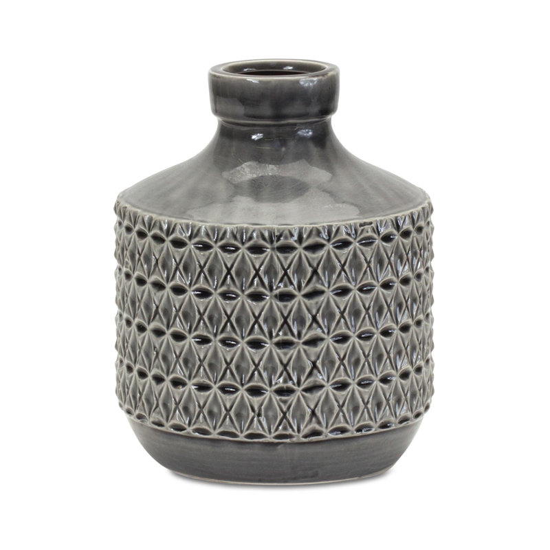 Gray Geometric Cylinder Terracotta Table Vase, 10" H x 6.5" W x 6.5" D