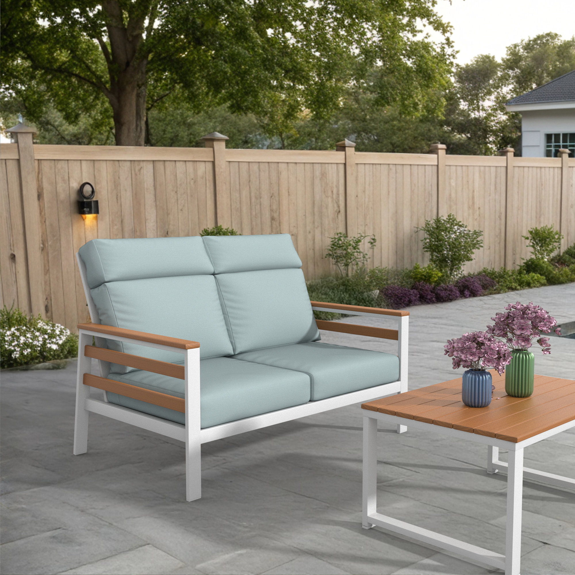 Townsend Metal Outdoor Loveseat With Sunbrella Cushion, Bliss Dew