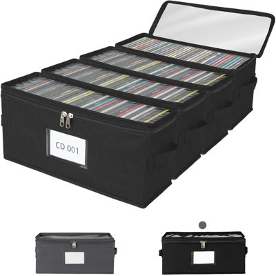 4 Pack Fabric CD Storage Box with Clear PVC Lid, Holds 35 Standard CD Cases, Zipper Closure for Dust Protection, Portable CD Organizer, Black