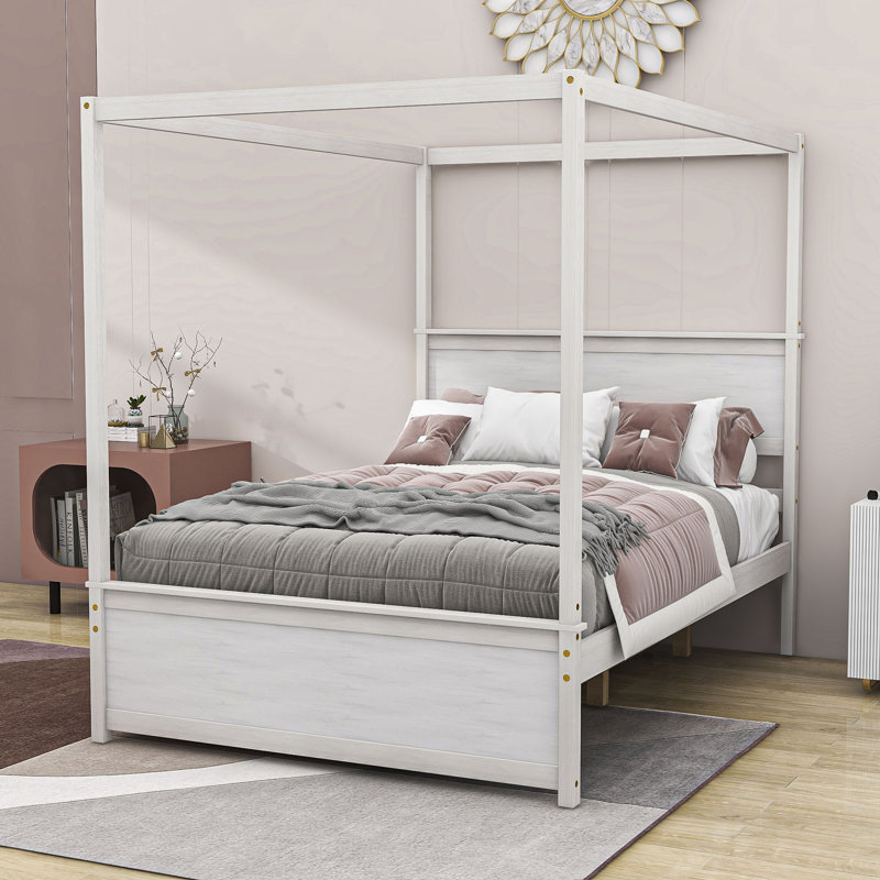 Floyed Liandra Full Size Wooden Canopy Platform Bed with Twin Size Trundle by Red Barrel Studio, White