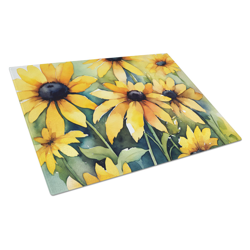 Maryland Black-Eyed Susans in Watercolor Glass Cutting Board Large