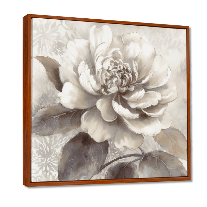 Pivoines grises sur branche II - art mural encadré de pivoines florales pour le salon, H 16 po x l 16 po x P 1 po