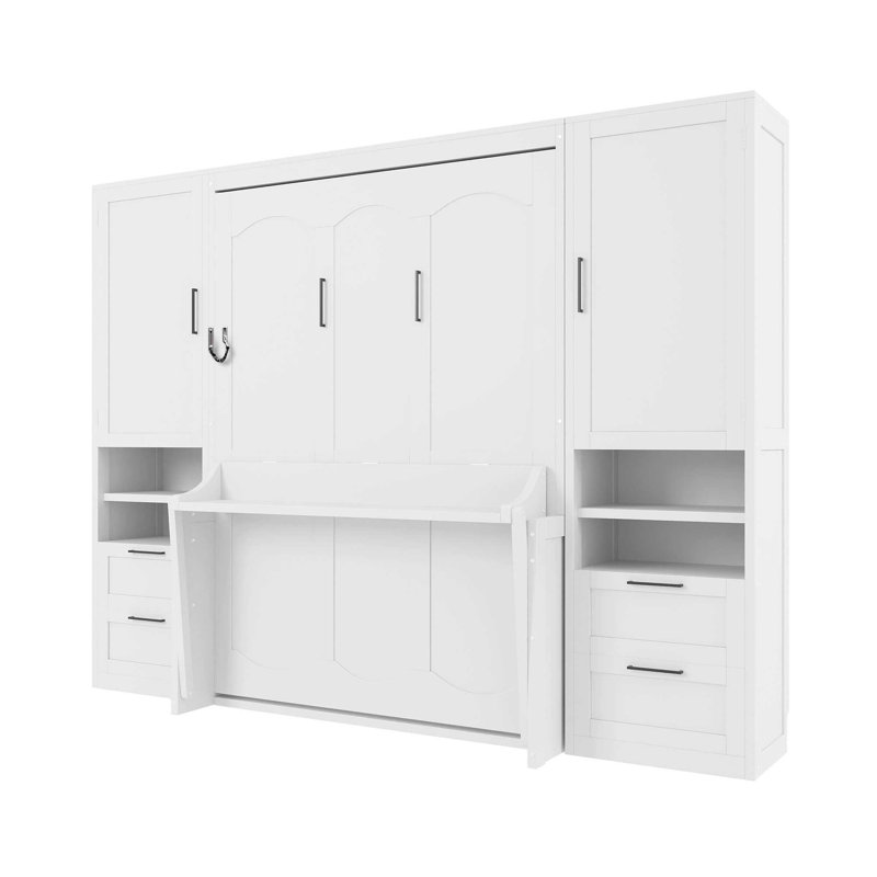 Lit escamotable double pleine grandeur avec placard, tiroirs et tablettes, blanc, Lit double, Blanc