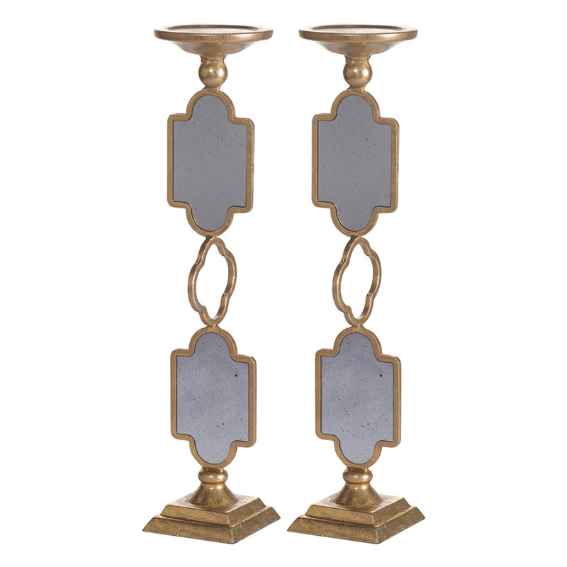 Candle Holders Set Of 2, 17 Inch Gold Metal Frame, Mirrored Accent