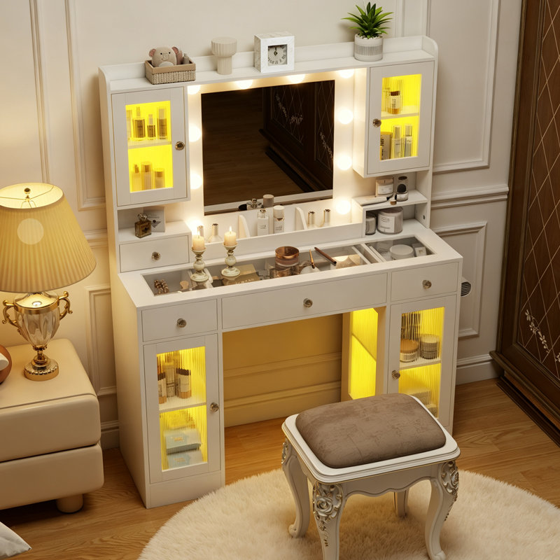 Vanity Desk with Mirror and Lights, 43" Makeup Vanity with 4 RGB Storage Cabinets, Power Outlet & 4 Drawers, 3 Color Lighting Modes, Adjustable Brightness for Bedroom