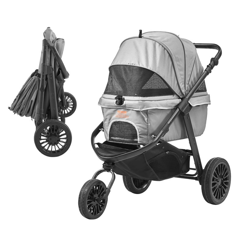Grande poussette pour chien jusqu'à 75 lb, poussette pliante pour chat à 3 roues, poussette portative pour jogger avec panier de rangement, hauteur de poignée réglable et auvent sans fermeture à glissière