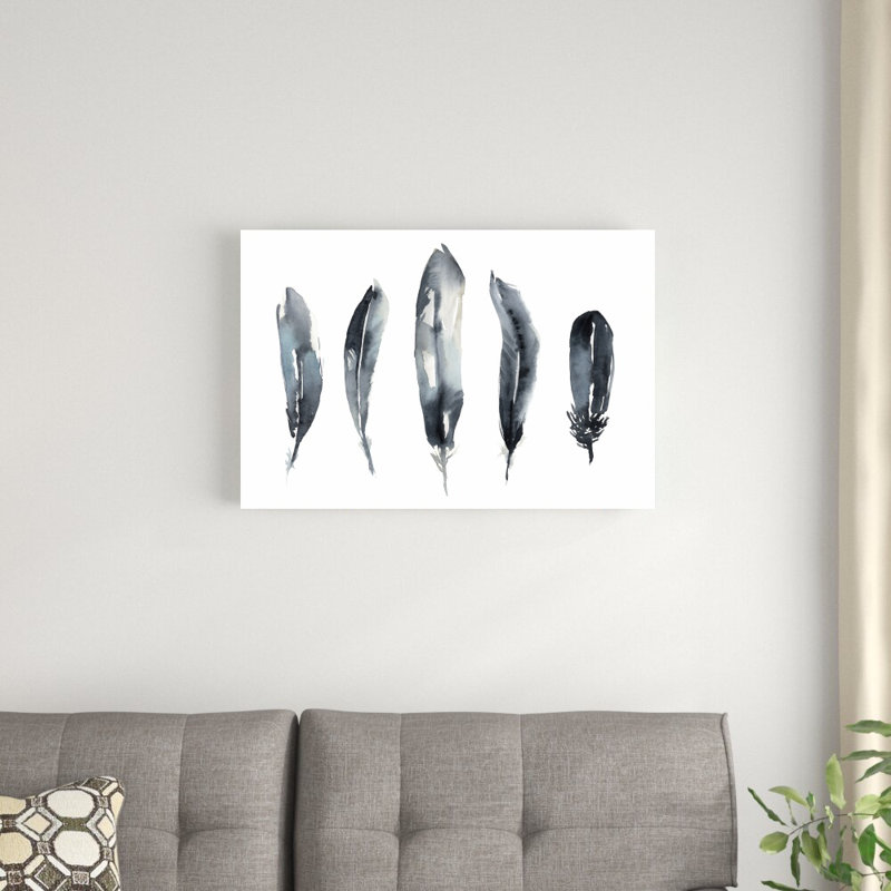 «Indigo Feathers II» par Jennifer Goldberger - peinture sur toile tendue, H 20 po x l 30 po