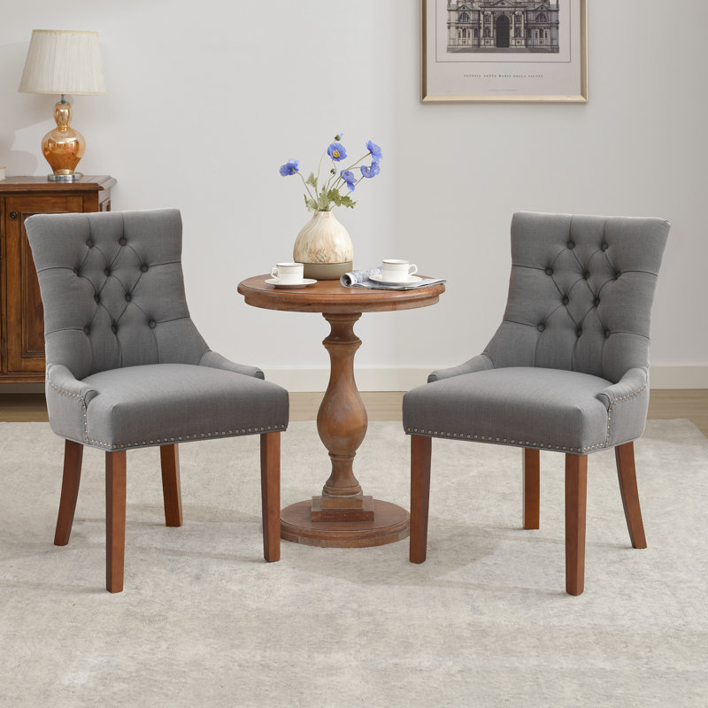 Berenis Tufted Linen Upholstered Elegant Dinning Chair, Light Gray, Brown