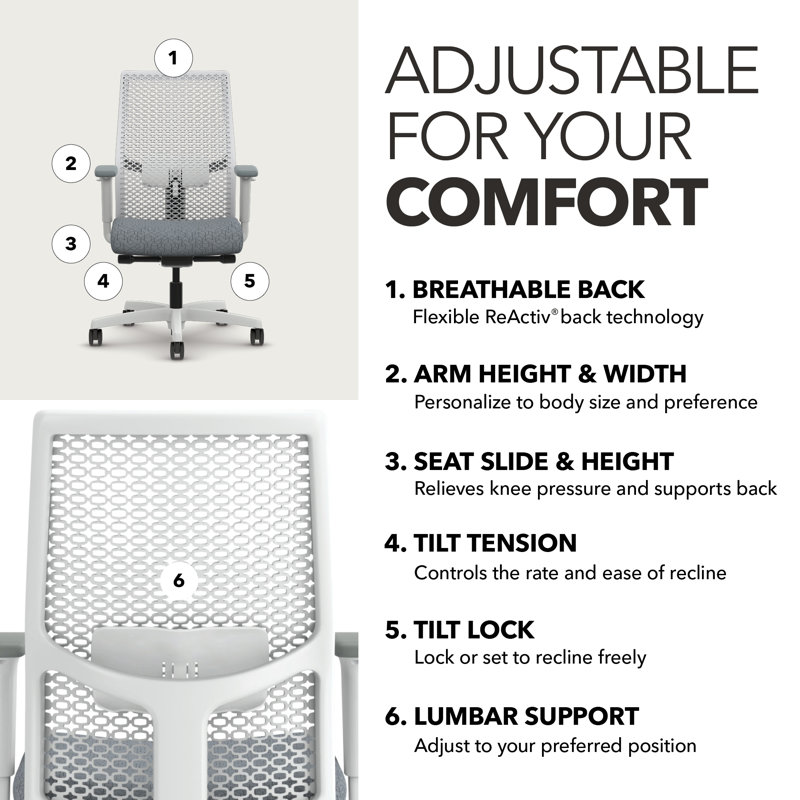 Chaise de bureau ergonomique Reon HON Ignition 2.0, inclinaison avancée, cadre blanc de designer, basalte, Blanc de designer