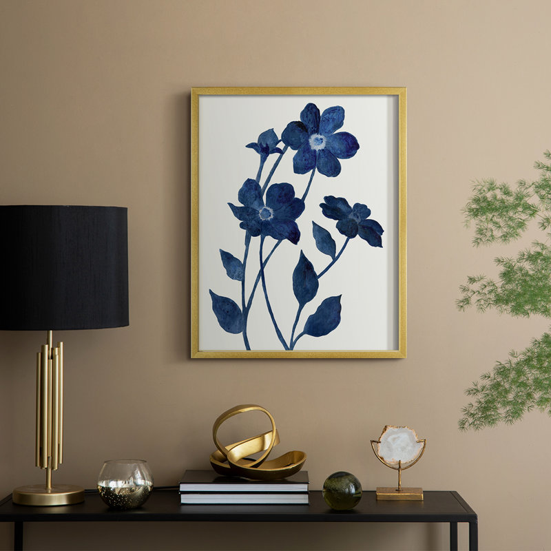 Indigo Bloom II Framed Print - Solid Wood, 15" H x 12" W, Gold