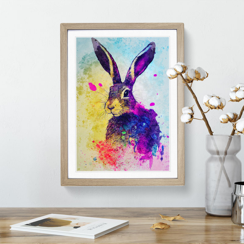 Colourful Watercolour Hare No.5 - Framed Print, 46cm H x 34cm W x 2cm D, Oak Framed