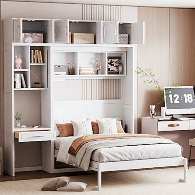 Lit escamotable double pleine grandeur avec bureau, armoire supérieure et tablettes de rangement, lit pliable peu encombrant pour petits appartements