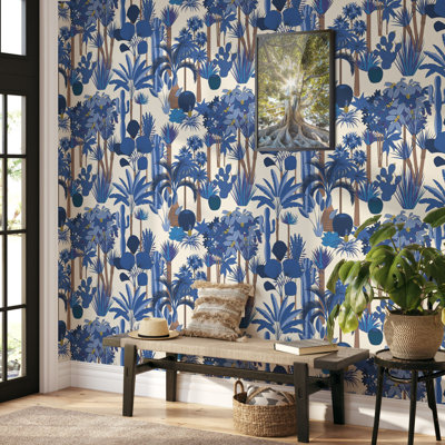 Blue Desert Oasis Floral Wallpaper