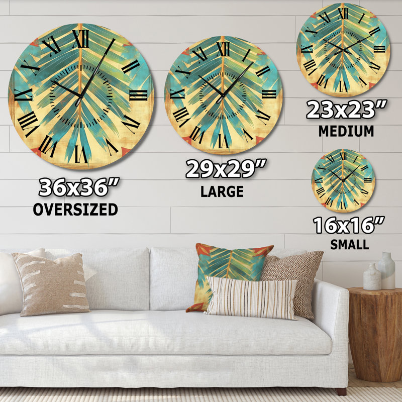 Horloge murale ronde en métal à motif de palme dans une lumière émeraude - Style tropical, Grand