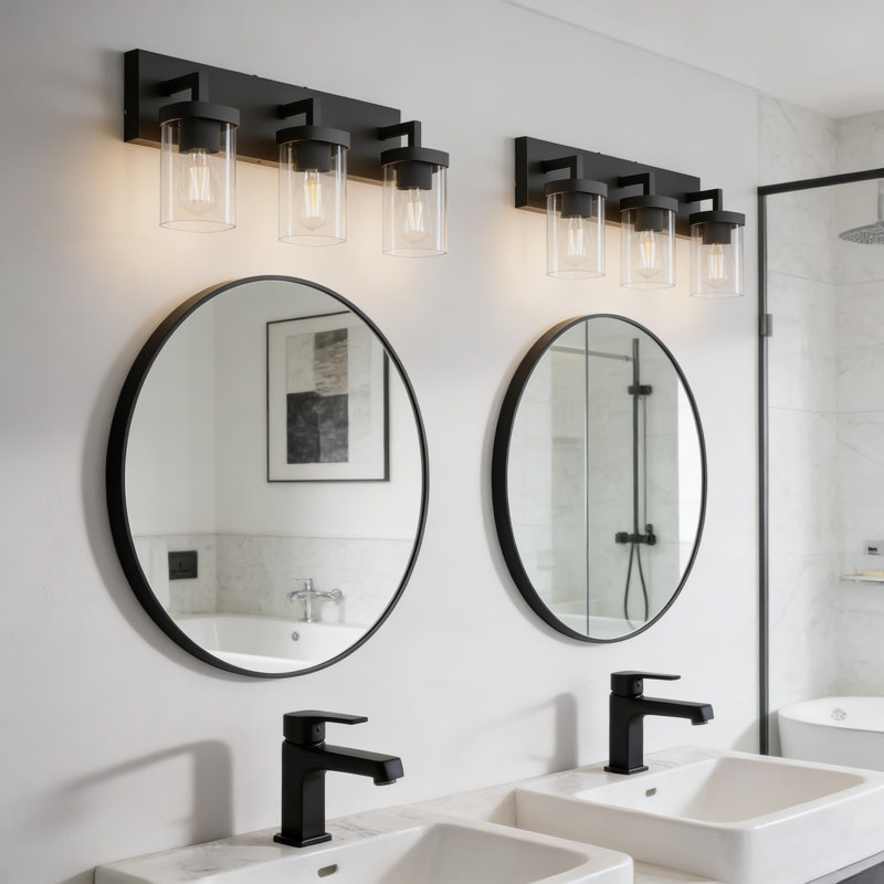 Luminaire de meuble-lavabo moderne à 3 lumières avec une conception carrée et une grande plaque arrière rectangulaire, applique murale noire pour miroir de meuble-lavabo, chambre à coucher ou salon