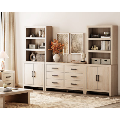 Eaton Entertainment Centre With Bookshelves, 4-Piece Modular TV Stand For 75 Inch TV, Farmhouse Media Console With Adjustable Shelves And 6 Storage Drawers For Living Room, Bedroom, Beige