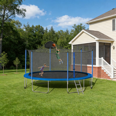 Trampoline d'extérieur de 14 pi avec panier de basketball, filet de sécurité et housse bicolore
