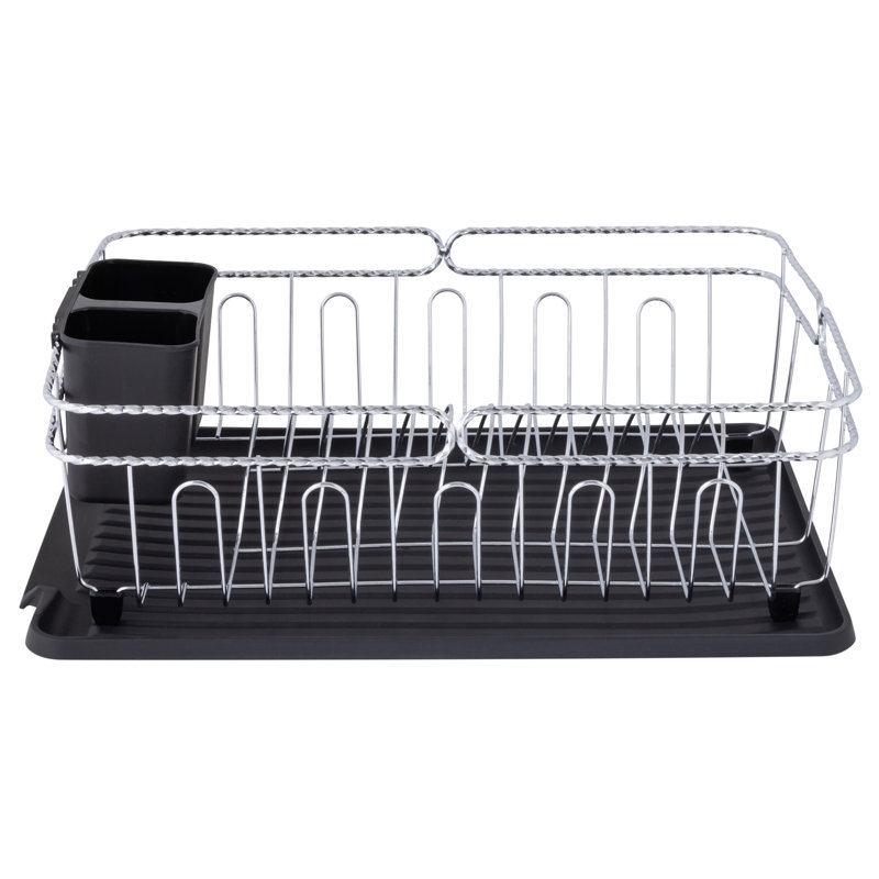 Black and Chrome Metal Countertop Dish Rack with Utensil Cup