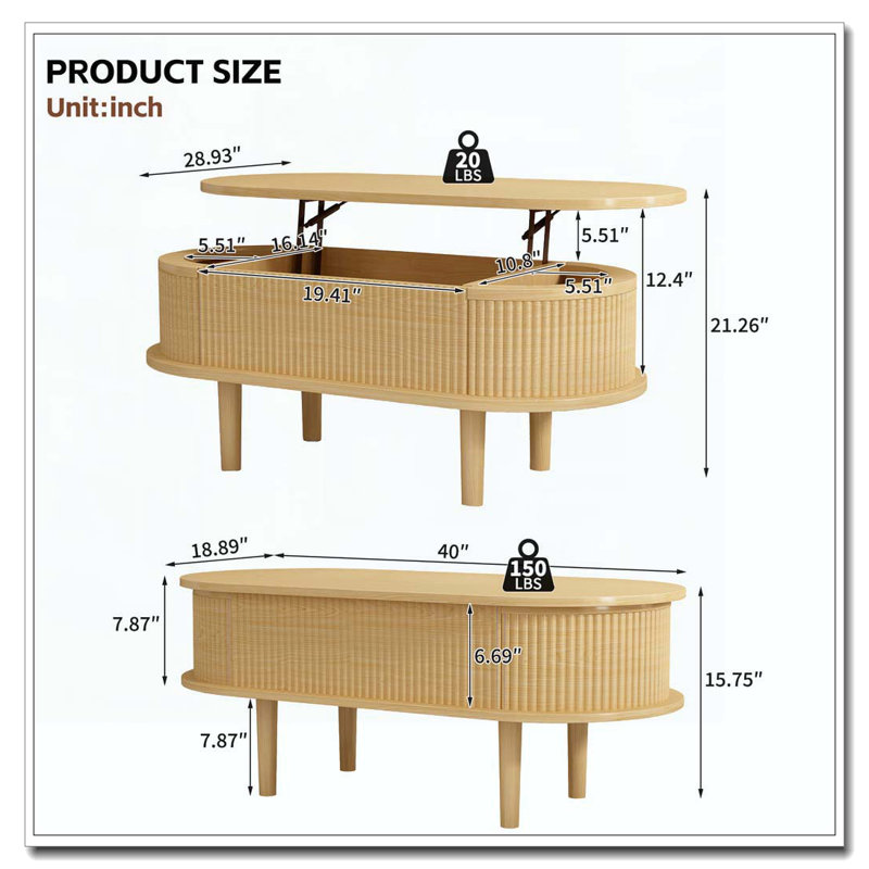 Table basse, 2 - Plateau relevable ovale