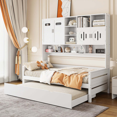 Wooden Daybed With Twin Size Trundle, And All-In-One Cabinet And Shelf