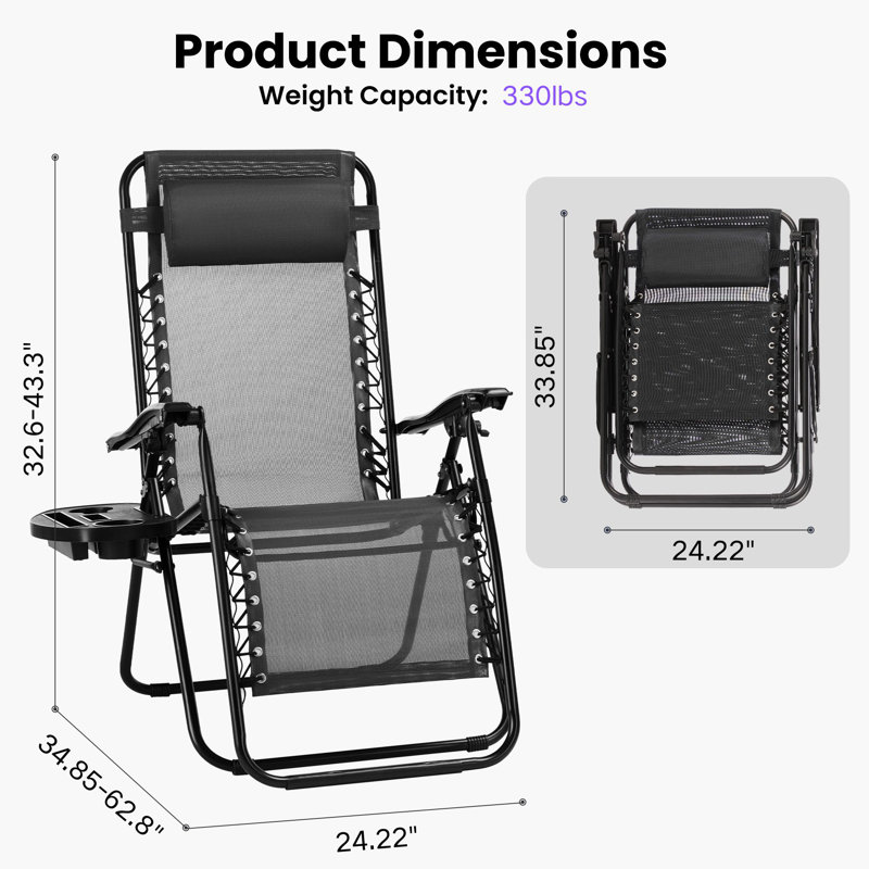 Set of 2 Outdoor Zero Gravity Chaise Lounge Chairs, Folding, Reclining Patio Seats with Cup Holder & Headrest, Black