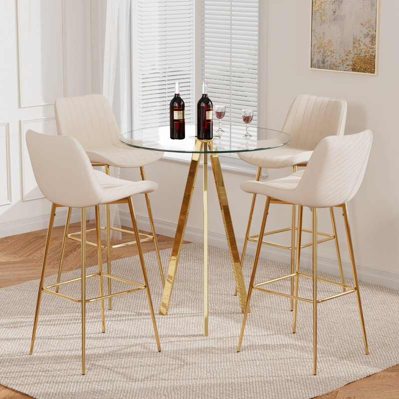 3 Piece Pub Table and Velvet Fabric Pedestal Bar Stool Dining Set (Set of 3), Cream, 5 Pieces: Table, 4 Chairs