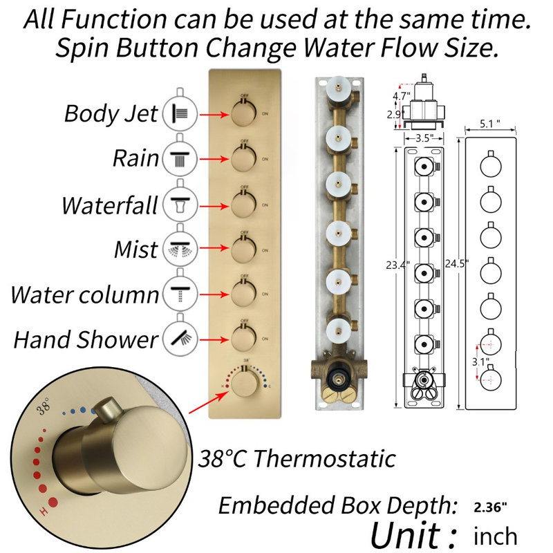 Thermostatic All-In-One Kit with Rough in-Valve, Brushed Gold