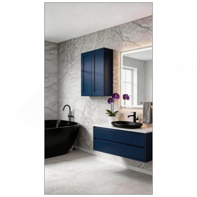 Armoire murale en bois massif bleu marine Shaker de 30 po - Charnières à fermeture en douceur, tablettes réglables, porte double. Idéal pour la cuisine, la salle de bain et la lessive. (L 30 po x P 12 po x H 42 po)