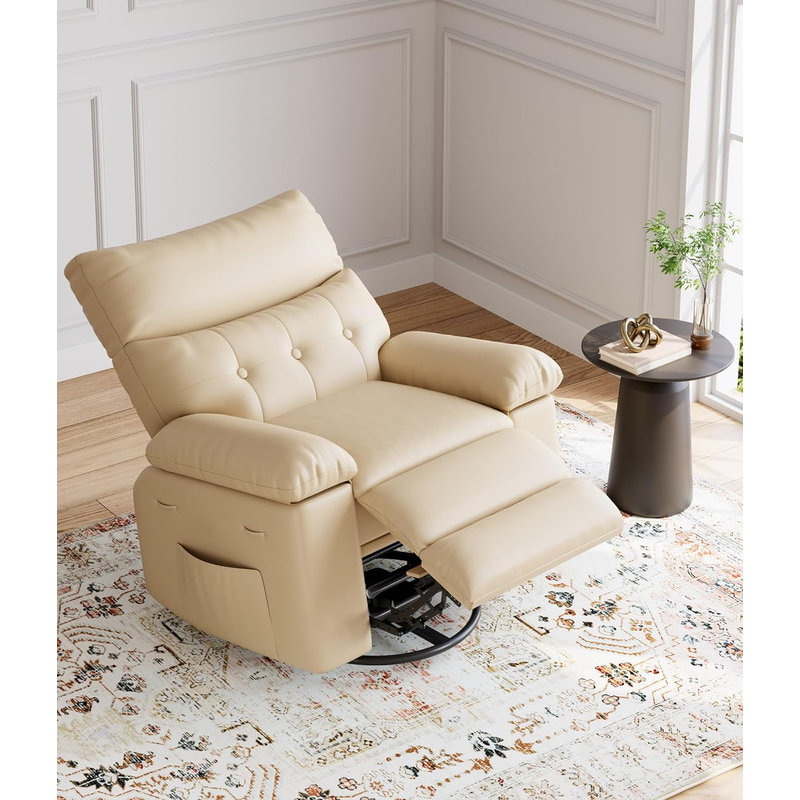 Oversized Rocker Swivel Recliner Chair, PU Leather Extra Wide Manual Recliner with 360° Swivel for Adults, Beige