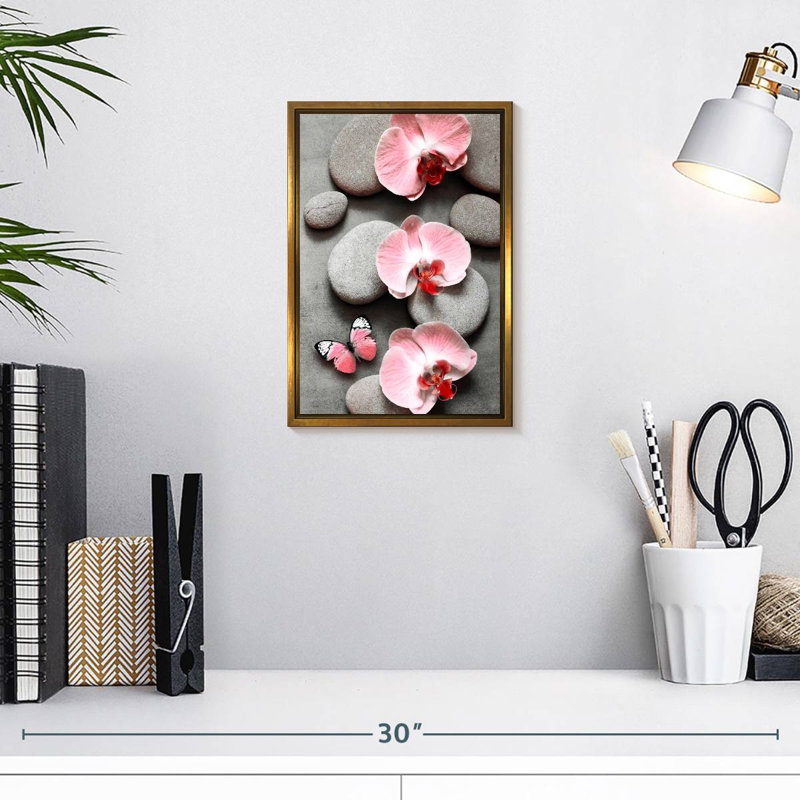 Zen orchidées roses et papillons, Floating Frame Gold, 9 po x 13 po
