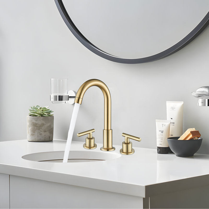 Brushed Gold Two Handle 3-Hole Bathroom Sink Faucet - Gooseneck Spout Lavatory Faucet, Brushed Gold