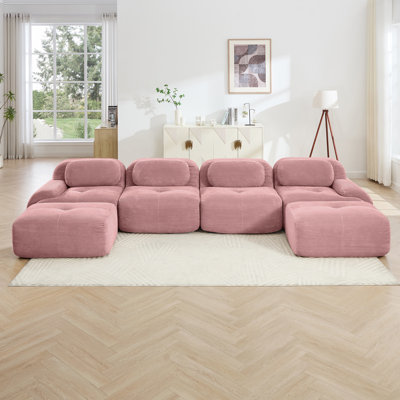 U-Shaped Modular Sofa No Assembly Breathable Corduroy Fabric 32D High-Resilience Sponge Extra-Wide Curved Armrests Pet-Friendly Ergonomic Design For Living Rooms And Bedrooms, Pink