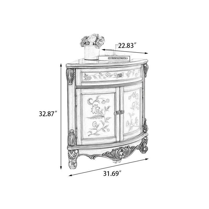 Traditional American Solid Wood Corner Storage Cabinet, Ornate Hand-Carved Freestanding Accent Cabinet with Drawer & 2 Doors for Home Decor