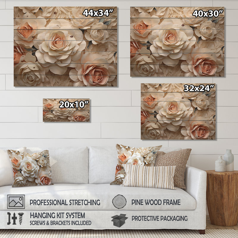 Minimalisme «Beige Roses Passion» - Art sur bois de bois de pin naturel, H 10 po x l 20 po