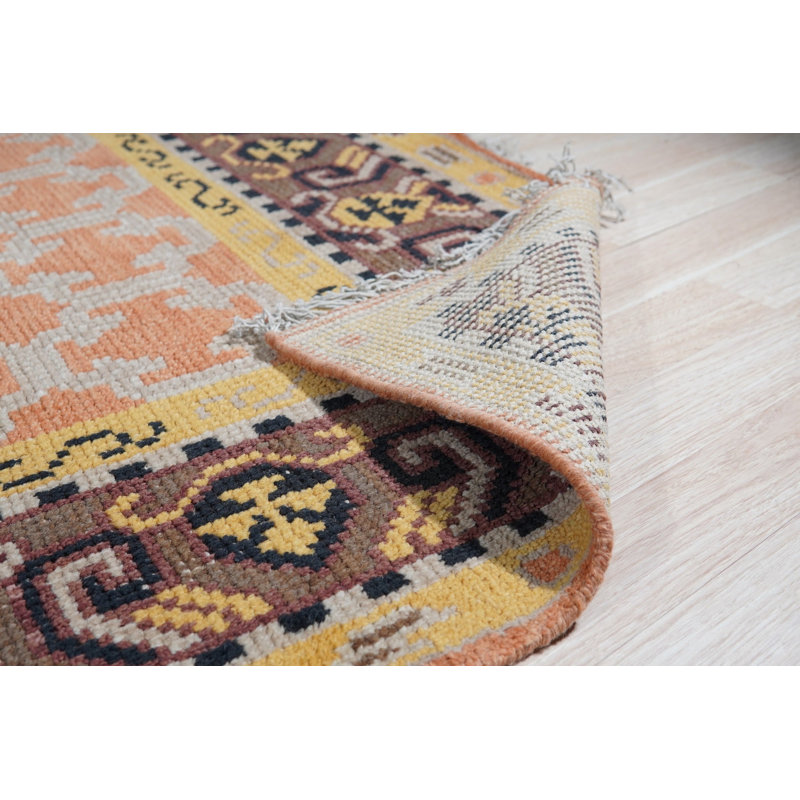 Yellow Hand-Knotted Wool Trellis Motif Geometric Modern Contemporary Carpet Rug, 9' x 12'