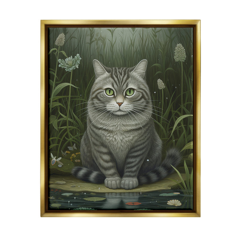 Gray Floater Framed Cat and Pond Lilies Canvas Print, 17 x 21