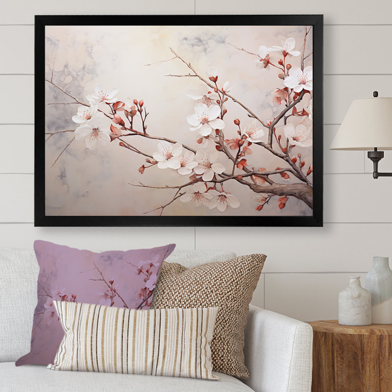 Fleur de cerisier beige minimaliste, Cadre simple noir, H 12 po x l 20 po x P 1 po