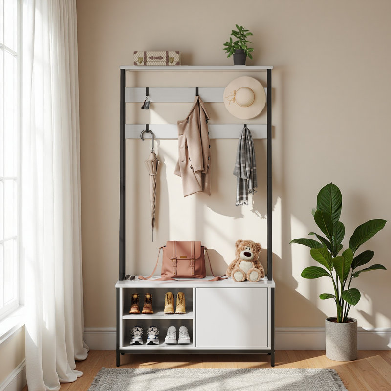 Hall Tree With Bench And Shoe Storage, Coat Rack With Shoe Storage, Wood Look, Coat Rack With Bench, Industrial Style, Large 6 Hooks