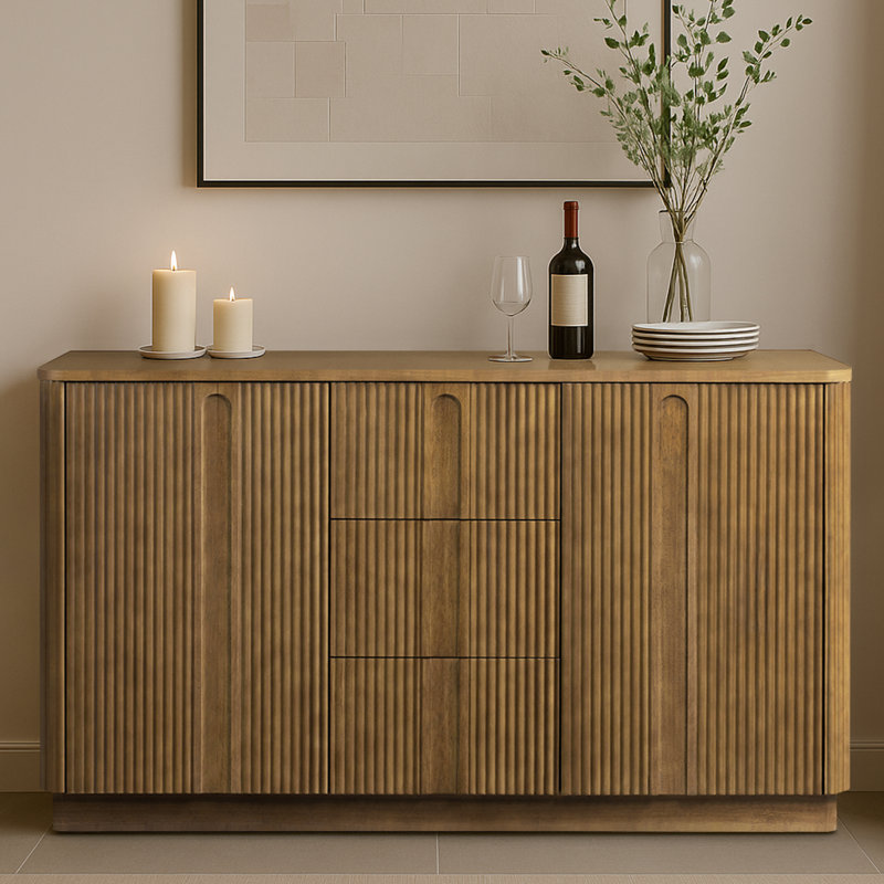 Buffet en bois massif à 3 tiroirs Potomac Reeded avec 2 portes et tablettes réglables, Naturel