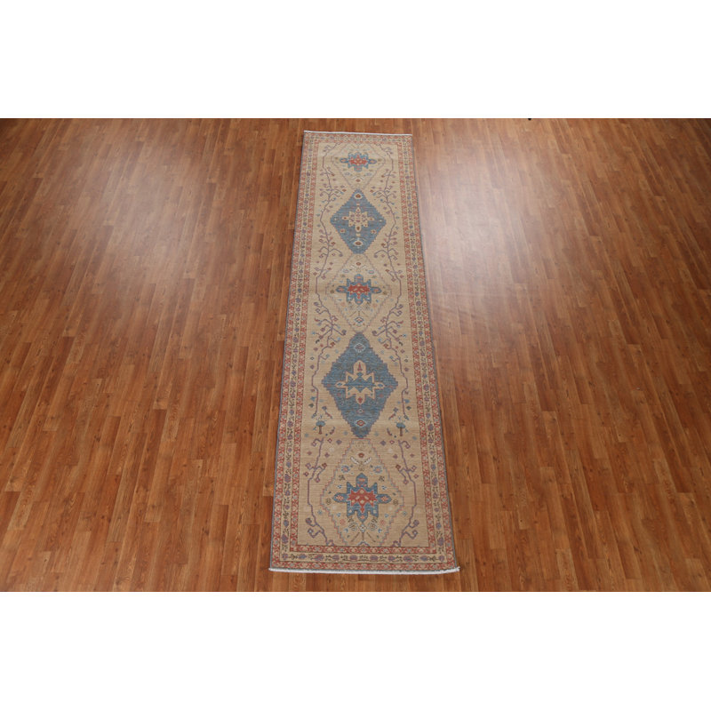 Tapis de couloir oriental unique Heriz Serapi à motif géométrique noué à la main 3 x 12