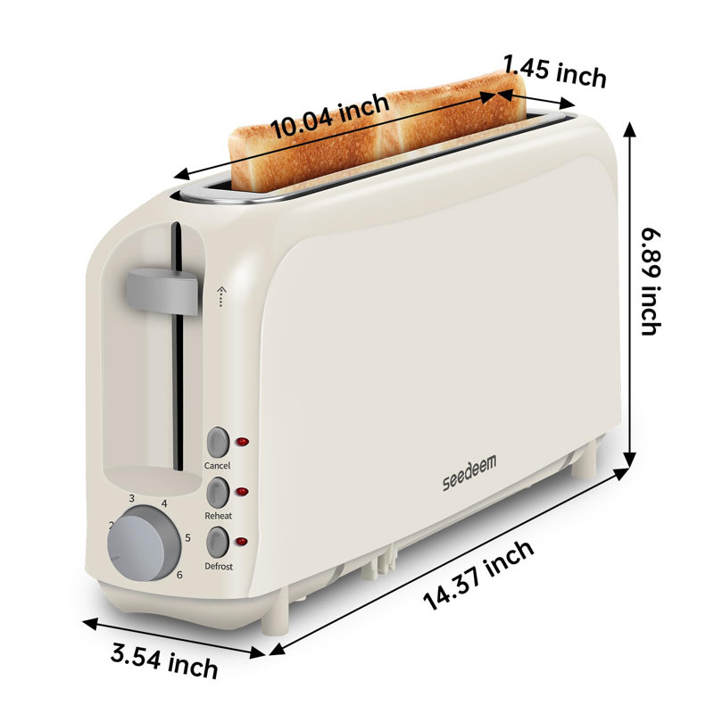 2-Slice Slim Bread Toaster Featuring 10-Inch Long Slot, 6 Shade Settings, Removable Crumb Tray, Defrost/Reheat/Cancel Functions & Safe Auto Shut-Off,Beige