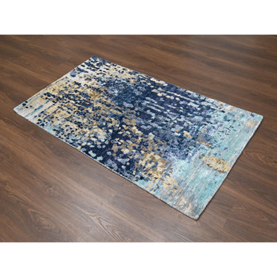 3'2"x5 Denim Blue Hand Knotted Mosaic Design Wool and Silk Oriental Rug 883A6444FD48492C9DD58F87727BCCA7