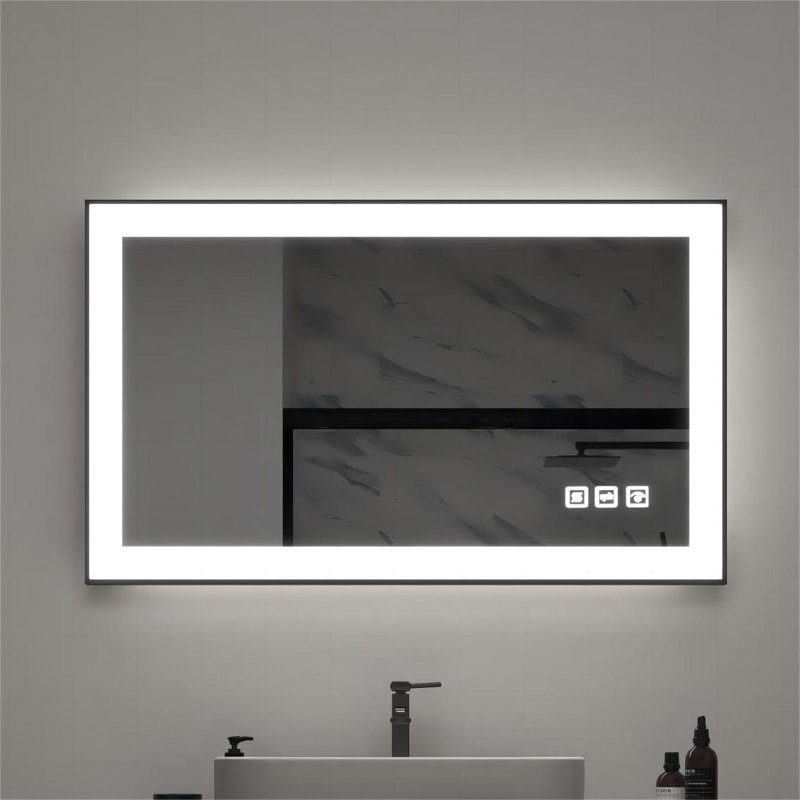Miroir de salle de bain multifonctionnel lumineux à DEL - Miroir d'appoint mural élégant avec bordure noire, éclairage antibuée et à intensité variable