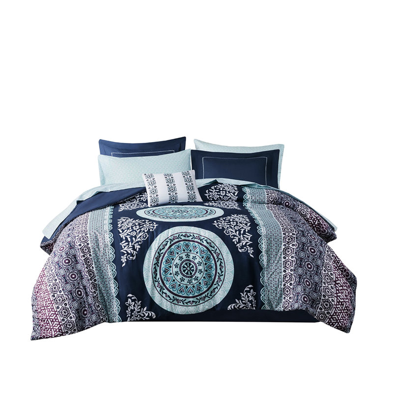Édredon pour chambre simple - Motif médaillon bleu marine, taies décoratives brodées, tissu, ensemble d'édredon sophistiqué et élégant, draps, qualité brodée
