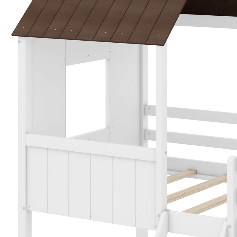 Emera Low Loft House Bed With Guardrails, White/Brown