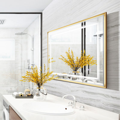 40X30in Bathroom Mirror With Beveled Edge, 3Colors Dimmable Led, Fog, Gold Aluminium Alloy Frame For Wall Mount