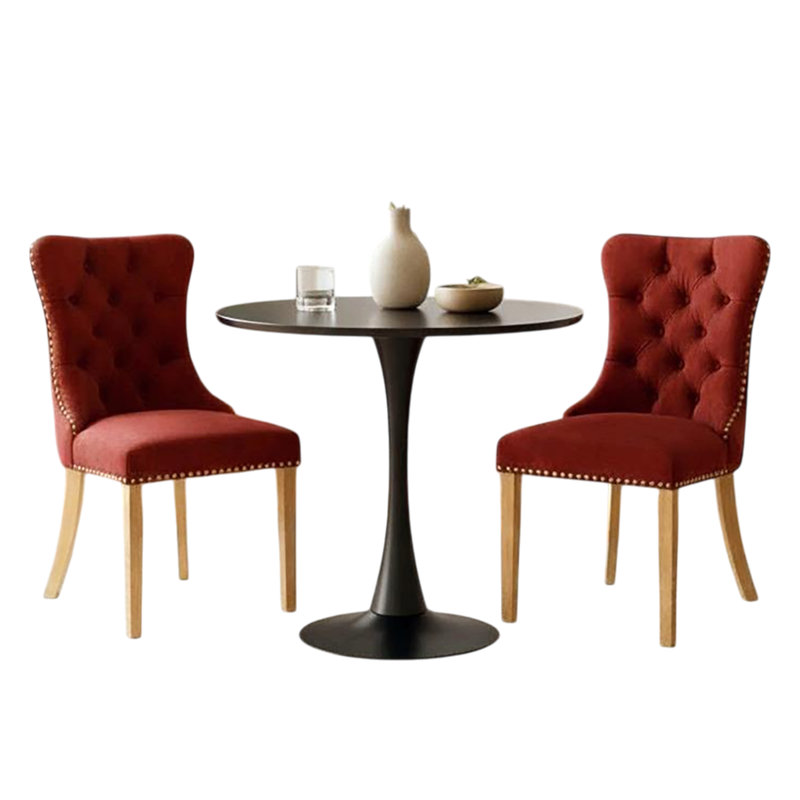 Dining Table Set,  24" Round Dining Table And 2 Velvet Dining Chairs With Gold-plated Legs, Black, Red